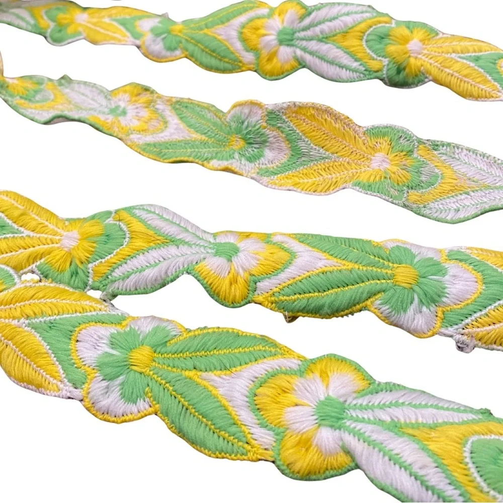 Vintage 1970's 70's Mod Retro Floral Flower Yellow Green Belt Ribbon Trim Long - Picture 2 of 5